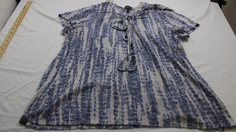 Kristin Nicole Women's 3X Blue White Tie Front Knit Tunic Blouse Boho Plus Size